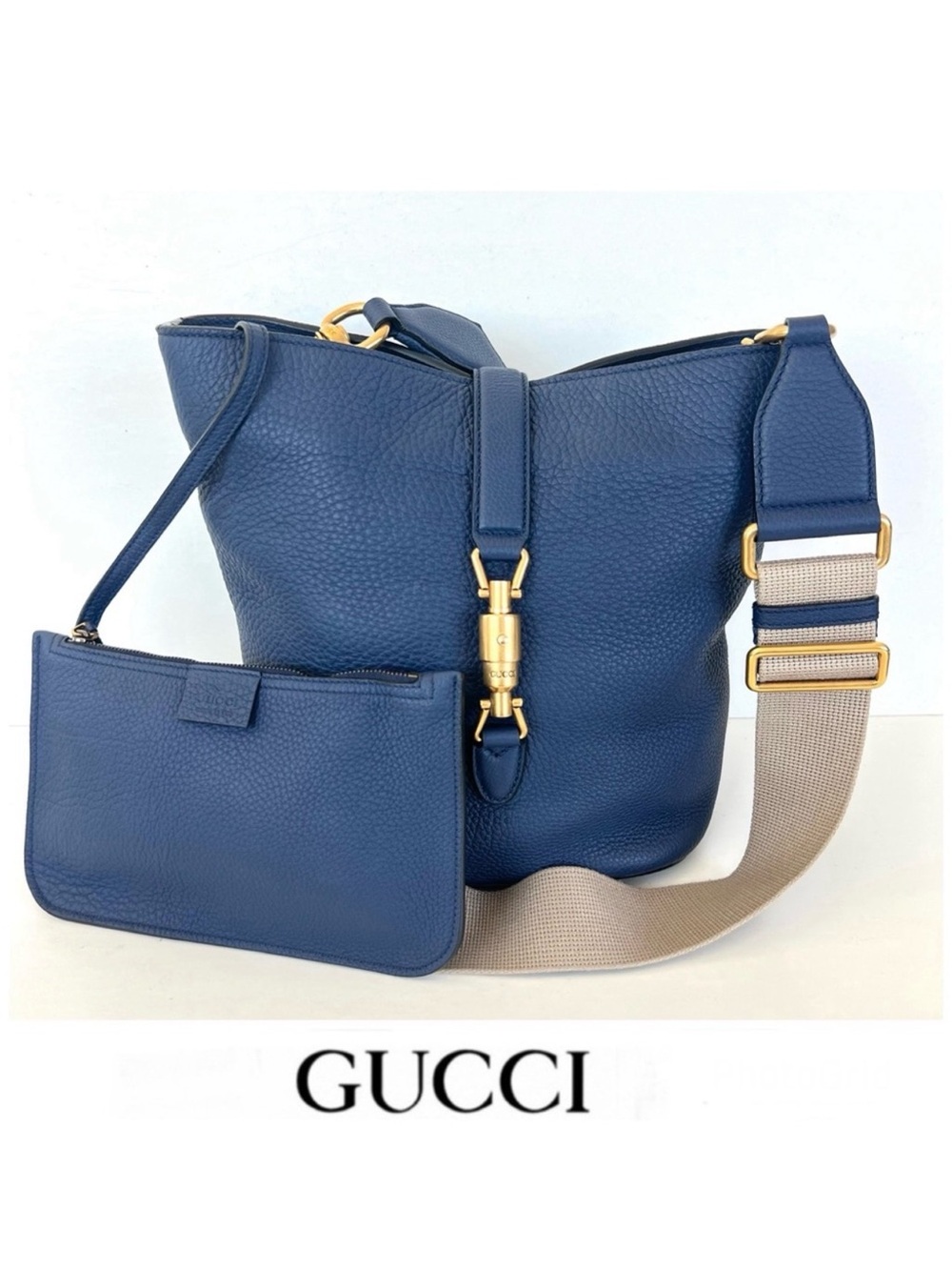 GUCCI Jackie Small Blue Marine Soft Grained Leather Crossbody Tote Bucket Bag